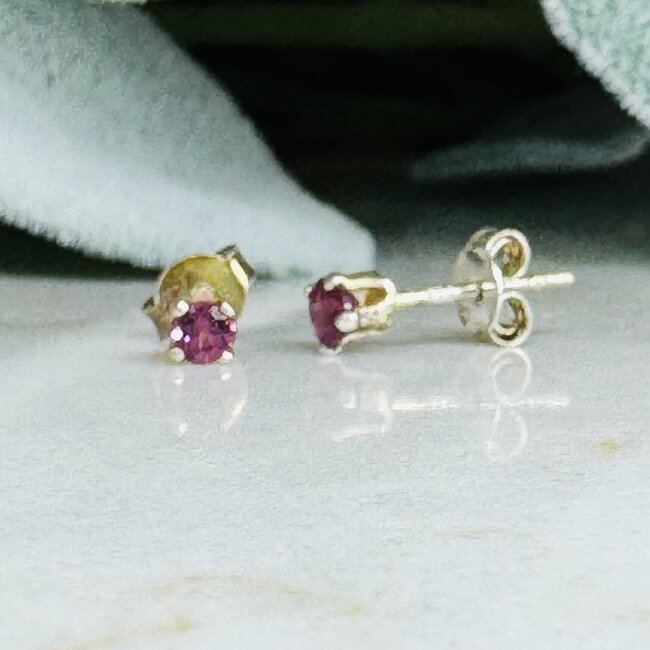 Rhodolite Garnet Earrings - Faceted Studs 3mm - Sterling Silver Gemstone Jewelry