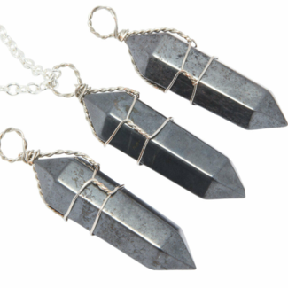 Hematite Pendants - Wire Wrapped Faceted Points - Silver Plated