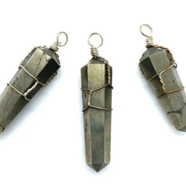 Pyrite Pendants - Wire Wrapped Faceted Points - Silver Plated