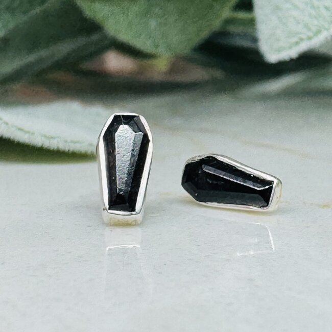 Black Tourmaline Earrings - Coffin Studs - Sterling Silver