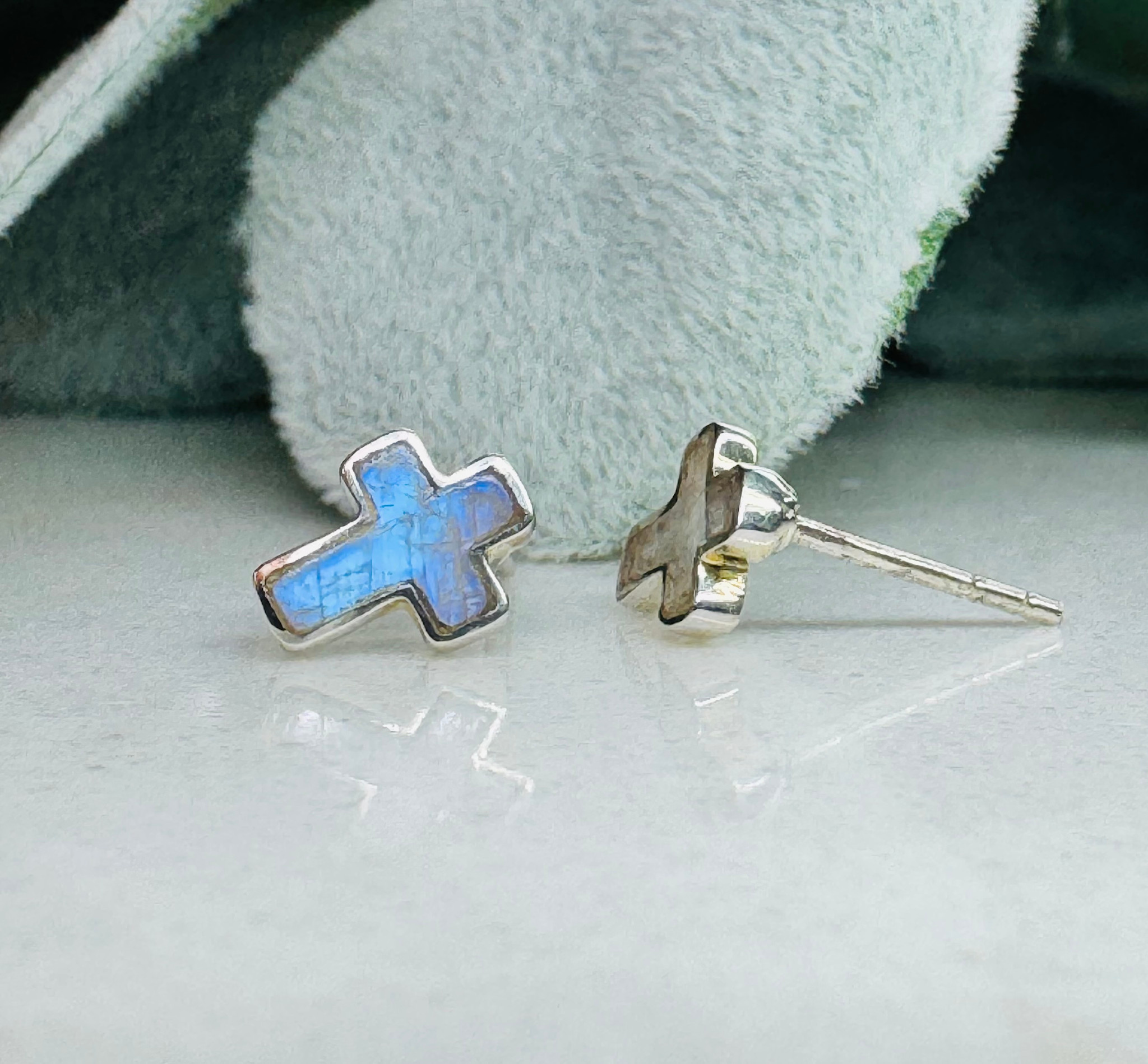 Rainbow Moonstone Earrings - Cross Studs - Sterling Silver