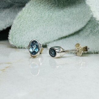London Blue Topaz Earrings - Oval Faceted Stud - Sterling Silver