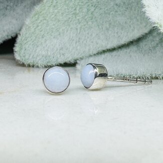 Blue Lace Agate Earrings - Round Studs Bezel Set - Sterling Silver .925