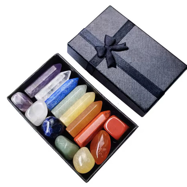 Chakra Stones Tumbled & Towers - Boxed Gift Kit Set - Clear Quartz Amethyst Green Aventurine Gold Tigers Eye Red Jasper Sodalite Carnelian