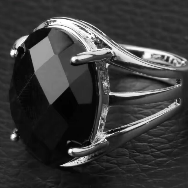 Black Obsisian Rings - Adjustable Oval Faceted - Silver Plated