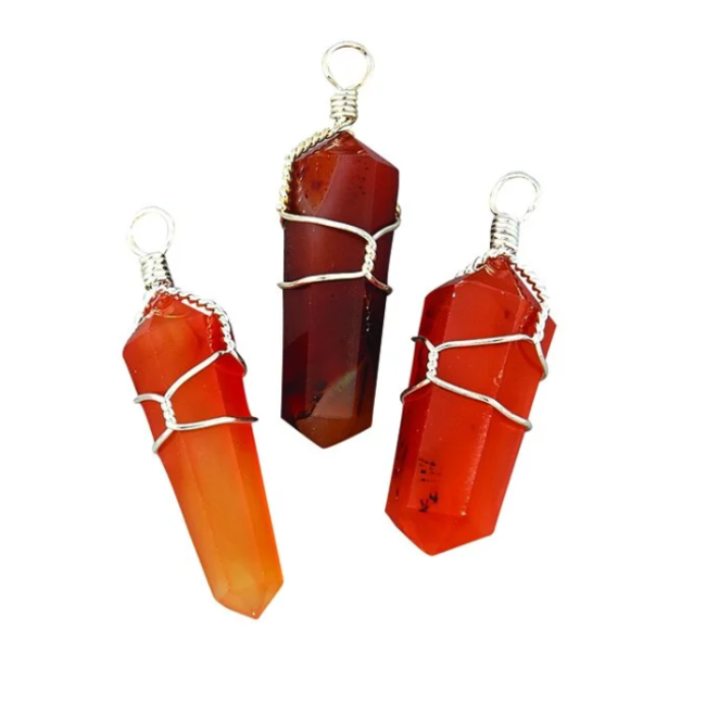 Carnelian Pendants - Wire Wrapped Faceted Points - Silver Plated