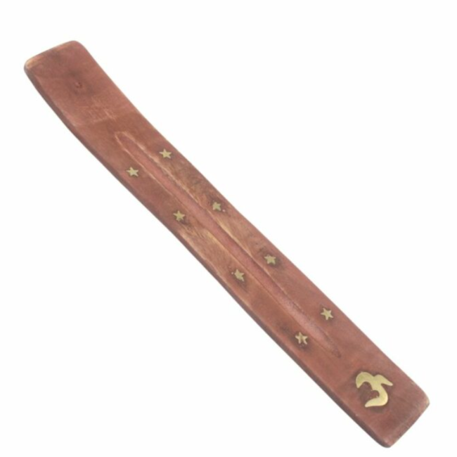 Incense Stick Burner Wood Canoe Sled Ash Catcher Holder - OM and Stars