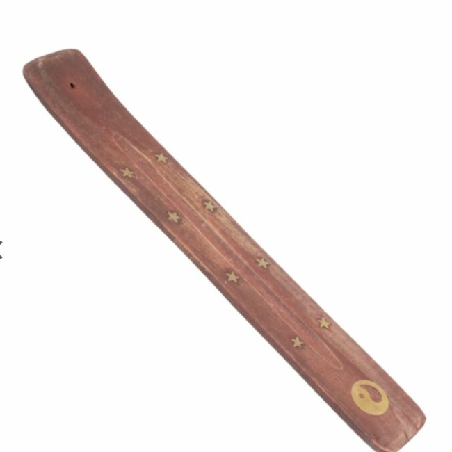 Incense Stick Burner Wood Canoe Sled Ash Catcher Holder - Yin-Yang and Stars