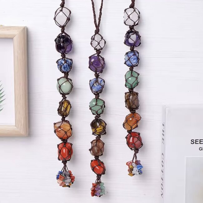 7 (Seven) Chakra Tumbled Hanging Decor - Stacked Cage Macrame