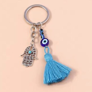 Evil Eye Keychains - Hamsa (Fatima Miriam Khamsa) Handwith Stacked Blue Evil Eyes with Pom