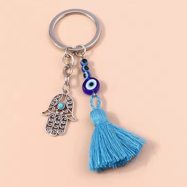 Evil Eye Keychains - Hamsa (Fatima Miriam Khamsa) Handwith Stacked Blue Evil Eyes with Pom