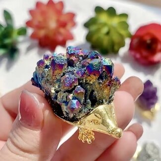 Rainbow (Titanium) Aura Quartz Cluster on Gold (Plated) Hedgehog