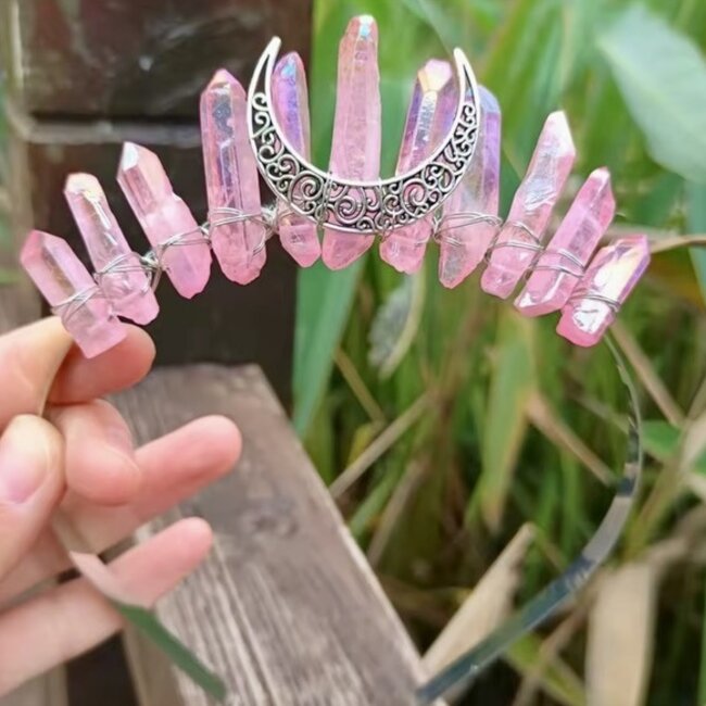 Pink Aura Quartz Crown Tiara - Silver Crescent Moon -  Crystal Headband Hair Accessories