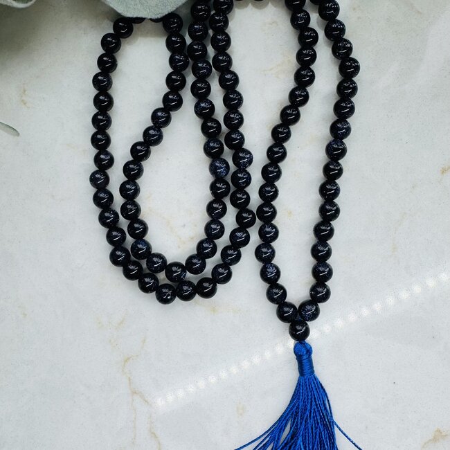 Blue Goldstone Japa Malas - Japamalas Prayer Meditation Mantra Counting Beads Necklace - 8mm