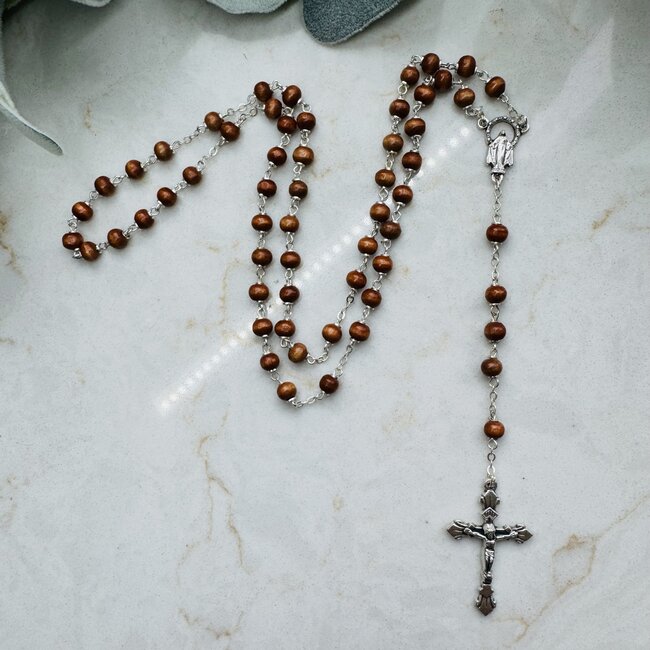 Brown Beaded Wooden Rosary -Cross Jesus Japamalas Prayer Meditation Mantra Counting Beads Necklace - 8mm