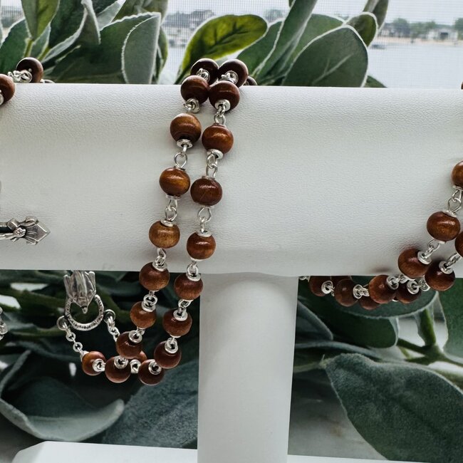 Brown Beaded Wooden Rosary -Cross Jesus Japamalas Prayer Meditation Mantra Counting Beads Necklace - 8mm