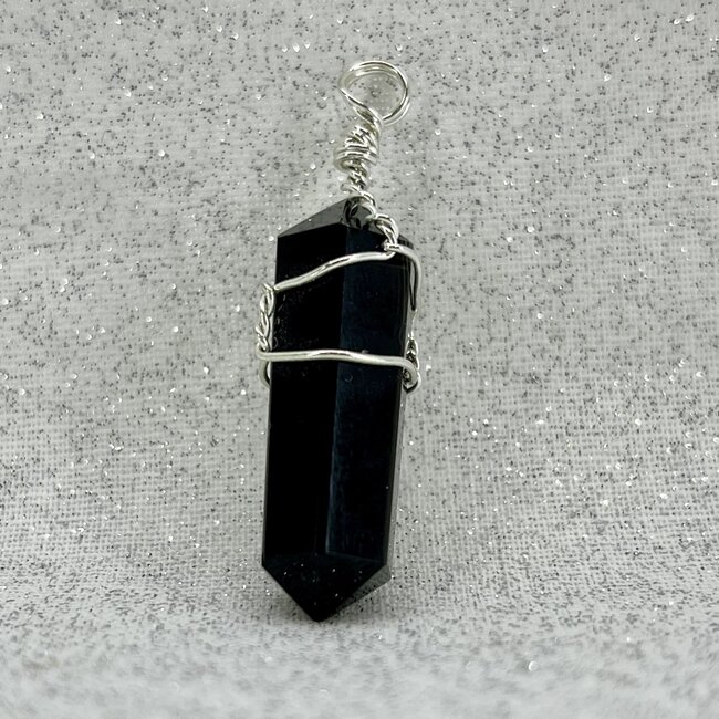Black Onyx Pendants - Wire Wrapped Faceted Points - Silver Plated