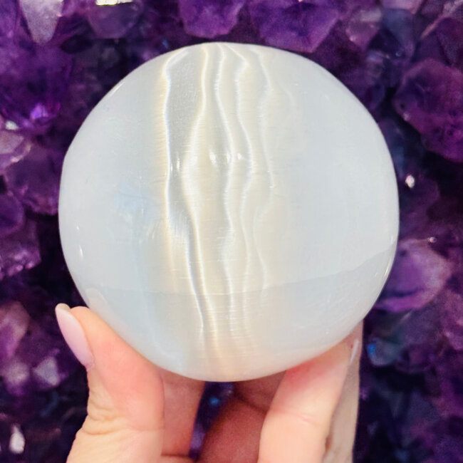 Selenite (Satin Spar Gypsum) Sphere Orb - 75mm Large with Stand