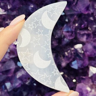 Selenite (Satin Spar Gypsum) Charging Disks Plates Station - 3" Crescent Moon Etched Moons Small
