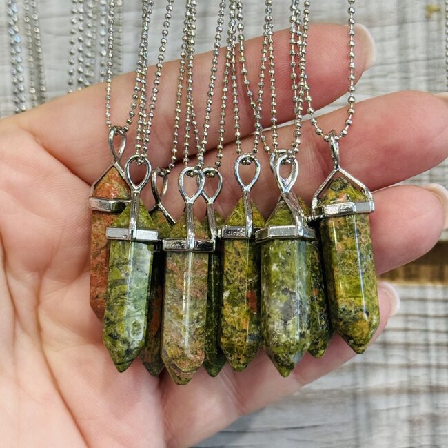Unakite Jasper Necklaces - Point on Bead Chain 18" Silver Plated