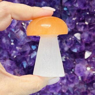 Selenite (Satin Spar Gypsum) Mushrooms with Orange Peach Selenite Top - 2-3" Medium