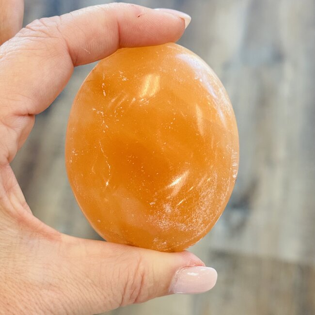 Orange Selenite (Satin Spar Gypsum) Palm Pillow Pocket Stone - Satin Spar Gypsum