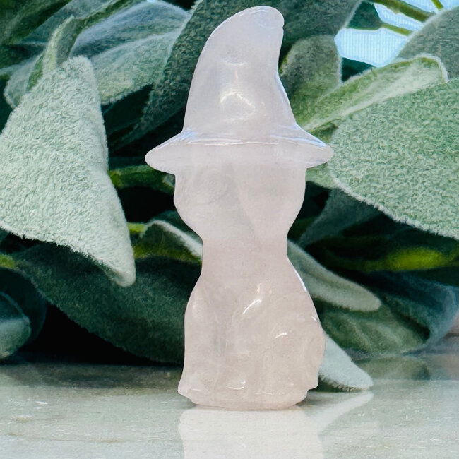 Rose Quartz Cats (Kitten) in Witch Hats - 2" Carvings Figurines