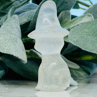 Clear (Crystal) Quartz Cats (Kitten) in Witch Hats - 2" Carvings Figurines