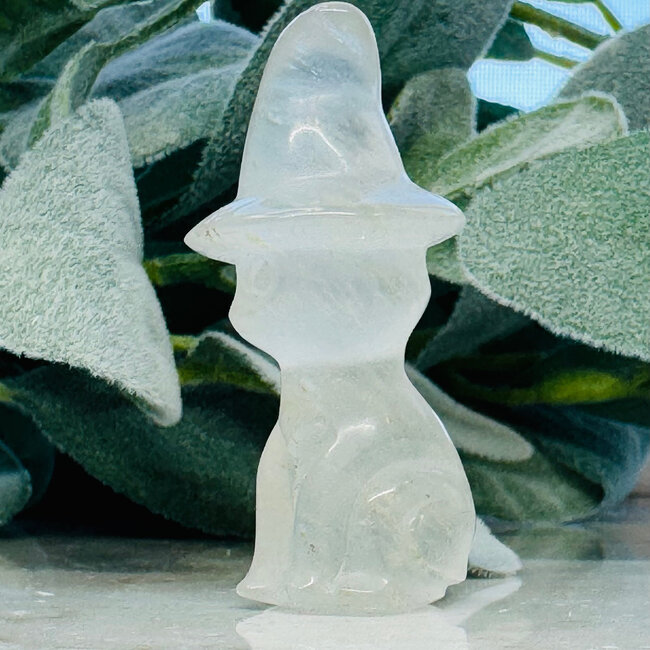 Clear (Crystal) Quartz Cats (Kitten) in Witch Hats - 2" Carvings Figurines