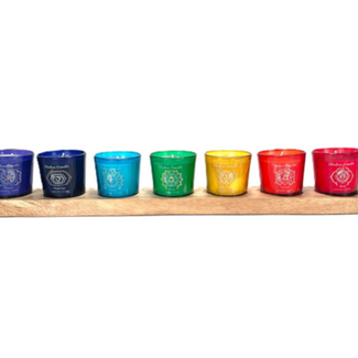 Chakra Votive Candle Holders - Set of 7 Seven Colors on Wood Base - 20"L X 3"W X 3"H