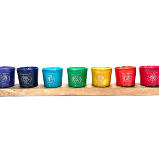 Chakra Votive Candle Holder - Set of 7 Seven Colors on Wood Base - 20"L X 3"W X 3"H