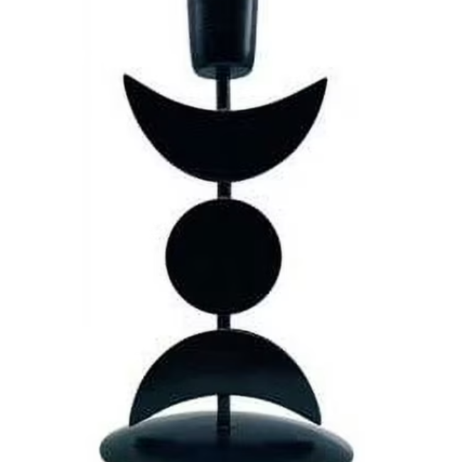 Chime Spell  Candle Holder Stand - Triple Moon Black Metal Iron 7"