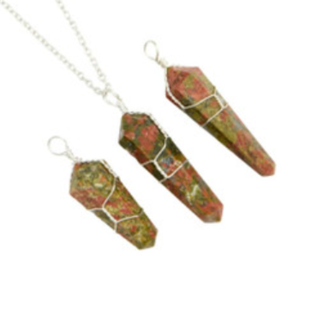 Unakite Jasper Pendants - Wire Wrapped Faceted Points - Silver Plated