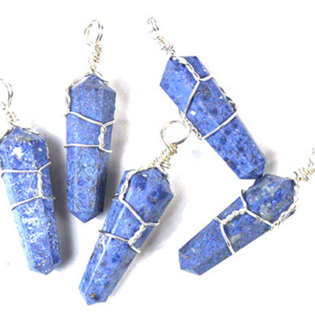 Dumortierite Pendants - Wire Wrapped Faceted Points - Silver Plated