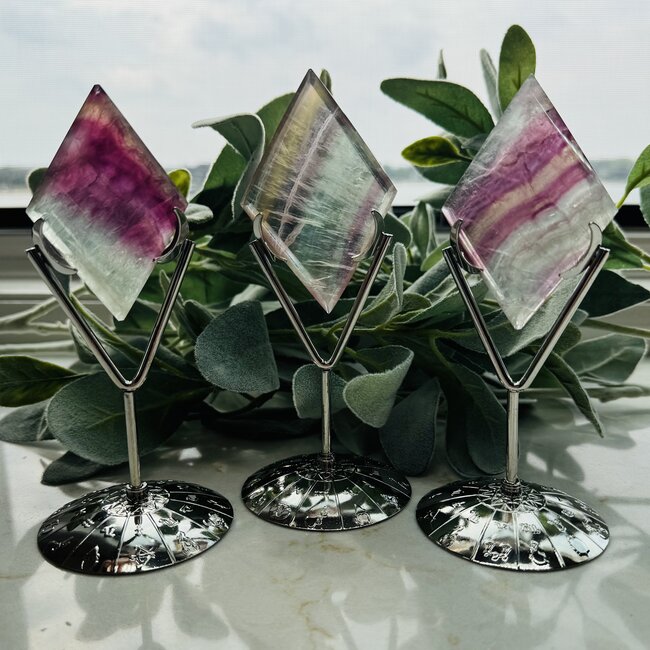 Rainbow Fluorite Diamond on Silver Pin Stand - Large