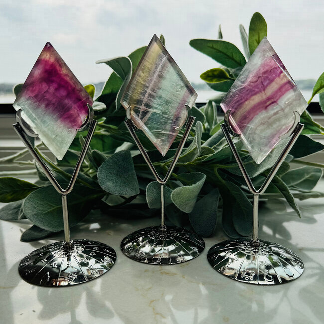 Rainbow Fluorite Diamond on Silver Pin Stand - Medium