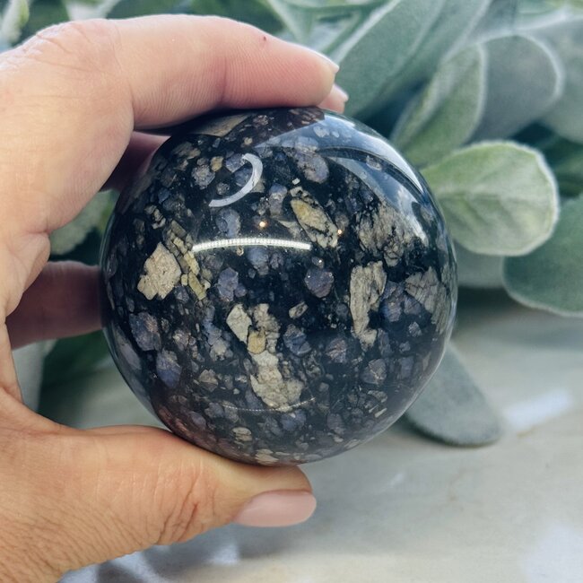Que Sera (Blue Opal Llianite Galaxy Rhyolite Liberite Glaucophane) Sphere Orb - 60-65mm
