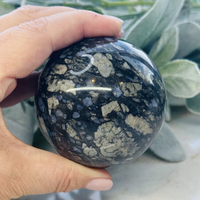 Que Sera (Blue Opal Llianite Galaxy Rhyolite Liberite Glaucophane) Sphere Orb - 65-70mm
