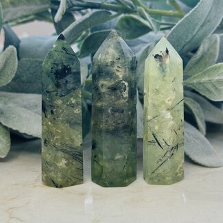 Green Prehnite (Epidote Inclusion) Tower Point Generator- Medium (2-4") Tourmalinated Rutile
