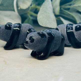 Black Obsidian Panda Bear Figurine - 2" Animal Carving Statue Figurine