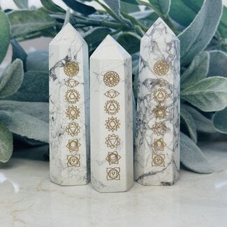 Howlite (Magnesite) Gold Chakra Engraved Towers Points Generators - Medium 3-4" Howlite (Magnesite) Gold Chakra Engraved Towers Points Generators - Medium 3-4"