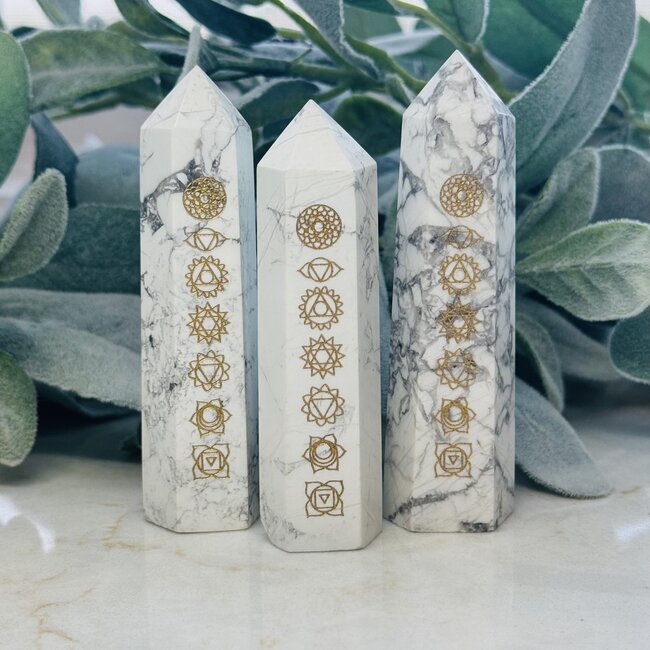 Howlite (Magnesite) Gold Chakra Engraved Towers Points Generators - Medium 3-4"