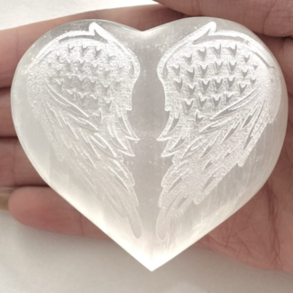 Selenite (Satin Spar Gypsum) Angel Winged Engraved Puffy Hearts - Large