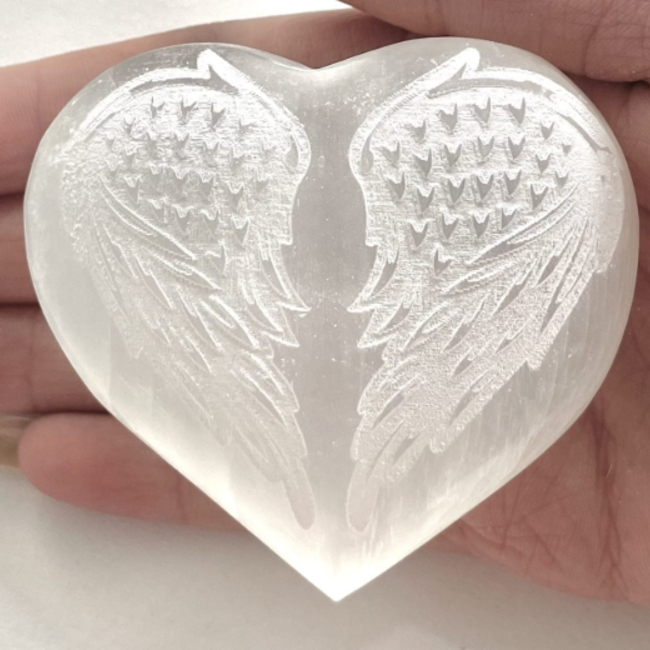 Selenite (Satin Spar Gypsum) Angel Winged Engraved Puffy Hearts - Large