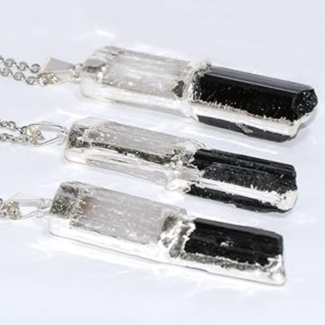 Selenite (Satin Spar Gypsum) & Black Tourmaline Pendants - Stacked Rough Raw Natural - Silver Plated 1-2"