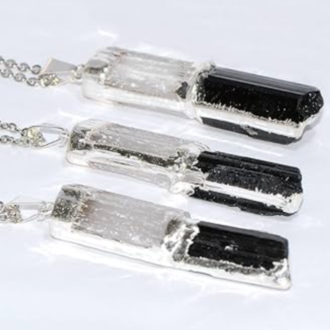 Selenite (Satin Spar Gypsum) & Black Tourmaline Pendants - Stacked Rough Raw Natural - Silver Plated 1-2"