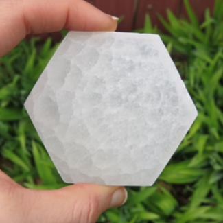 Selenite (Satin Spar Gypsum) Charging Disks Plates - Hexagon 4" Medium Selenite (Satin Spar Gypsum) Charging Disks Plates - Hexagon 4" Medium