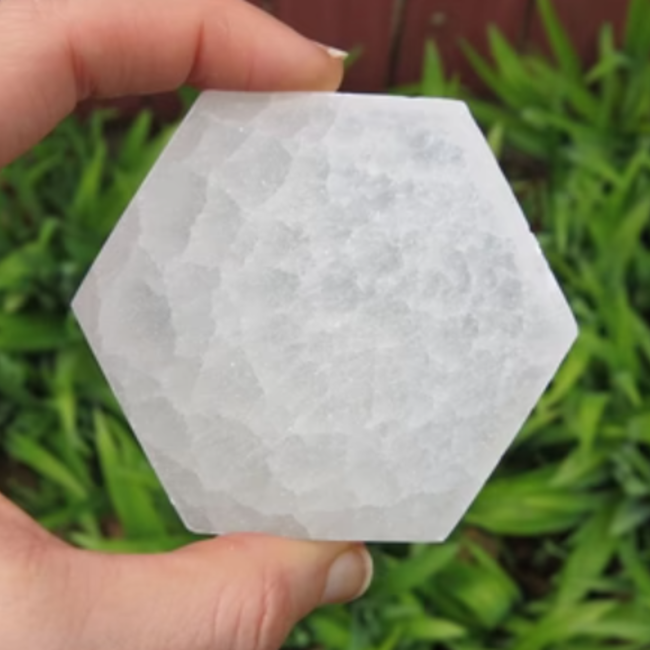 Selenite (Satin Spar Gypsum) Charging Disks Plates - Hexagon 4" Medium