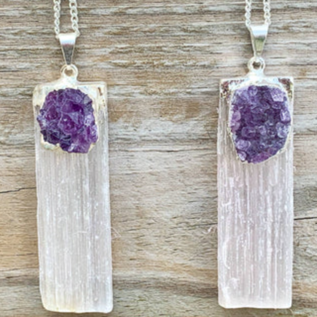 Selenite (Satin Spar Gypsum) Blade Amethyst Druze Pendants - 2" Silver Plated Cap - Rough Raw Natural