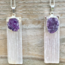 Selenite (Satin Spar Gypsum) Blade Amethyst Druze Pendants - 2" Silver Plated Cap - Rough Raw Natural